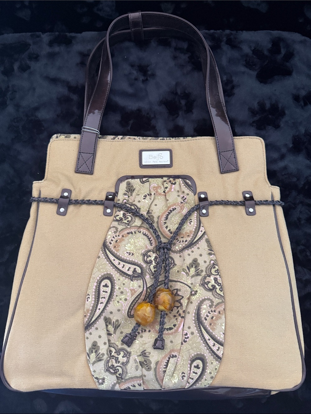 Beijo Beige and Brown Paisley Tote with Braided Drawcord